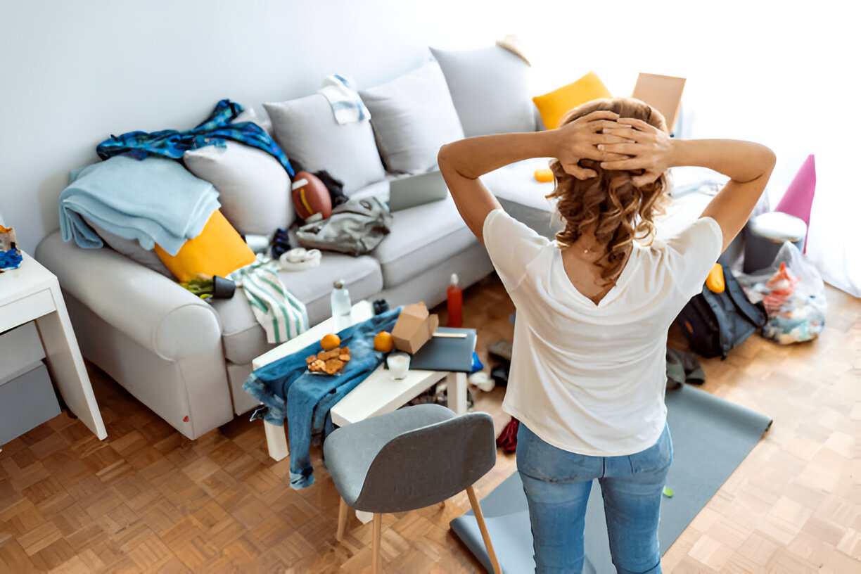 Woman looking at a messy living room.