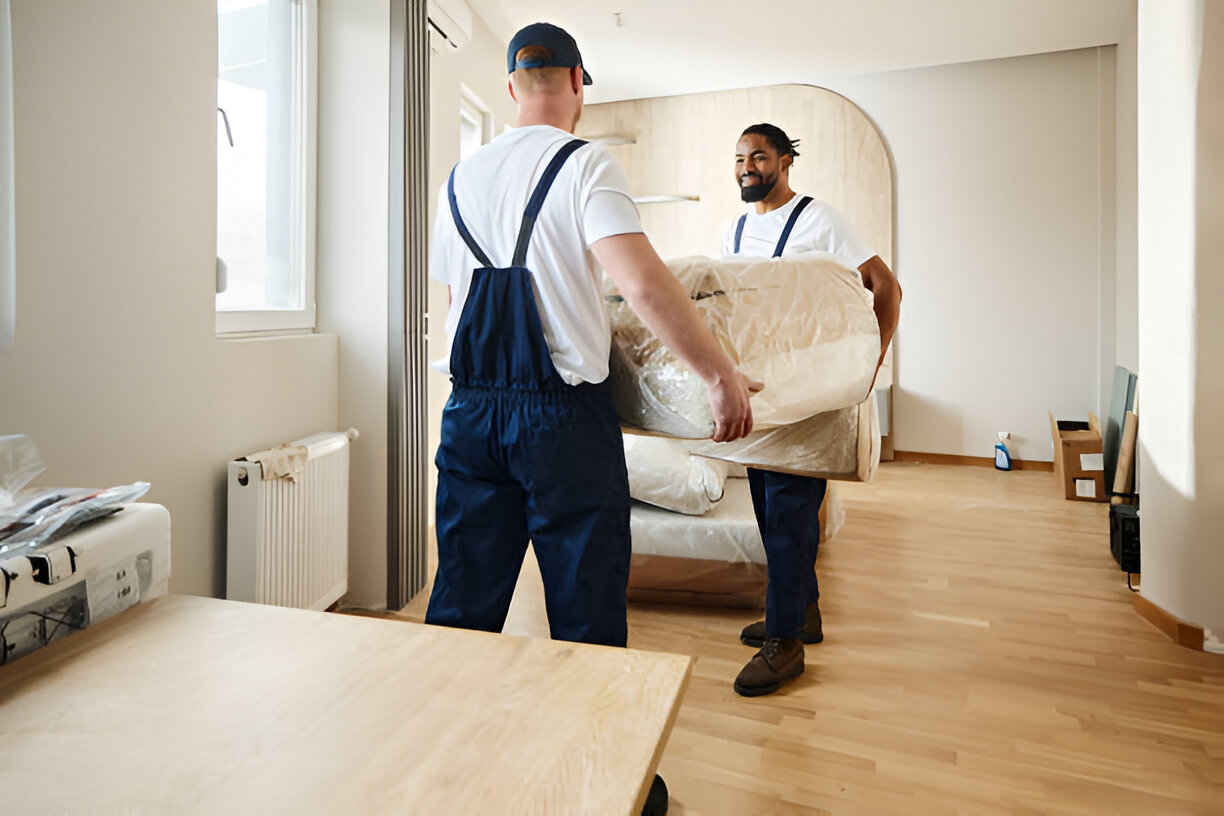 Happy male movers carrying furniture in the apartment