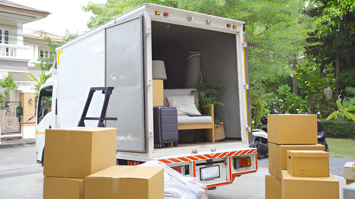 Truck car moving house for customers, delivering boxes and furniture