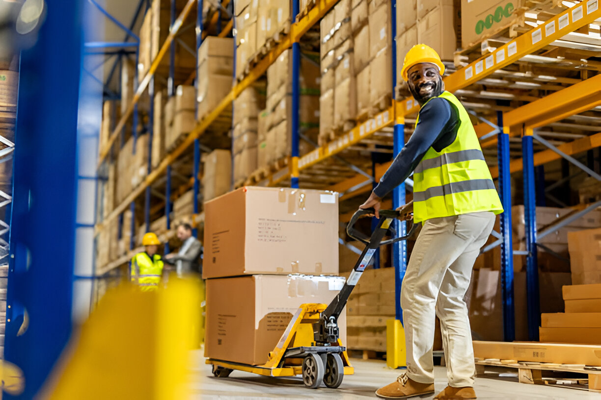 Warehouse Worker Operating a Pallet Jack with Stacked Boxes