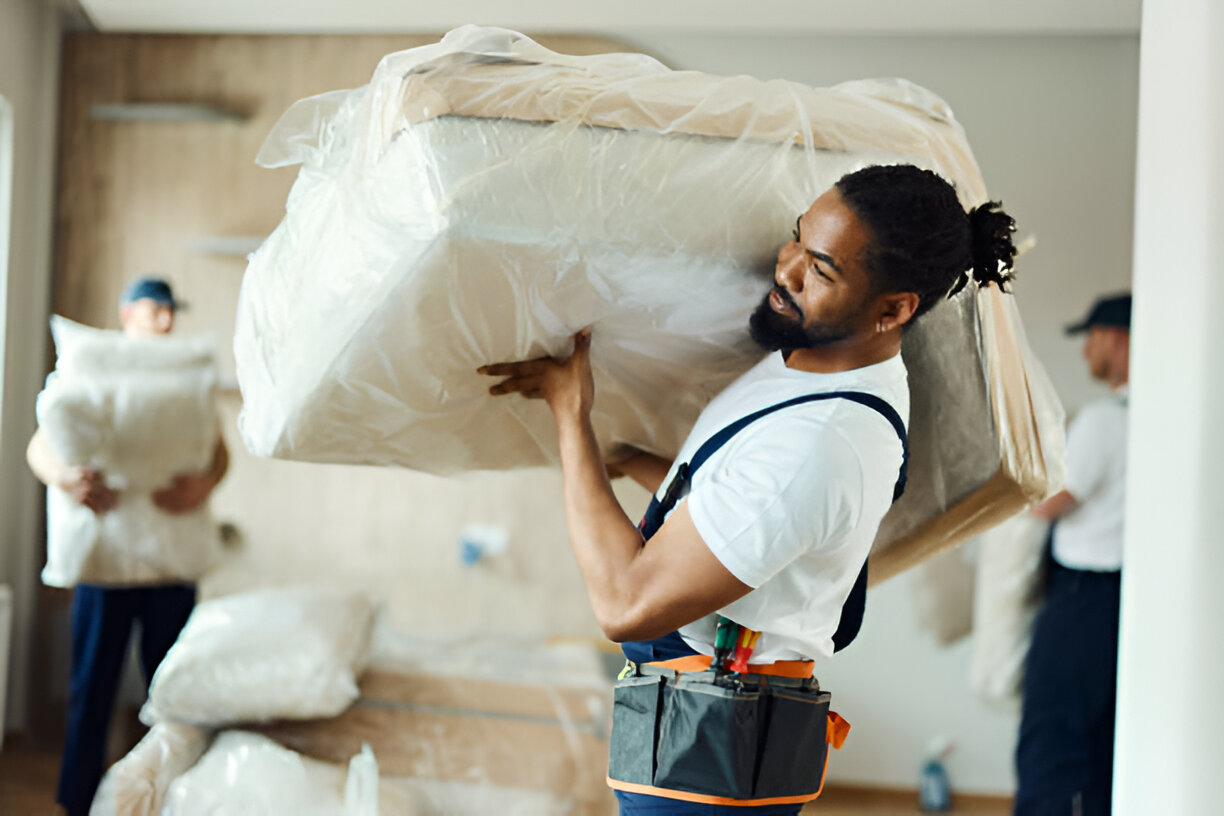 Young black mover carrying furniture in a new apartment.