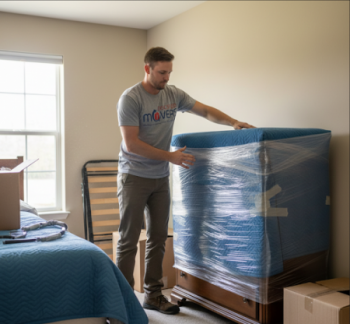 A professional mover wrapping a large wooden dresser with quilted moving pads and shrink wrap inside a bedroom.