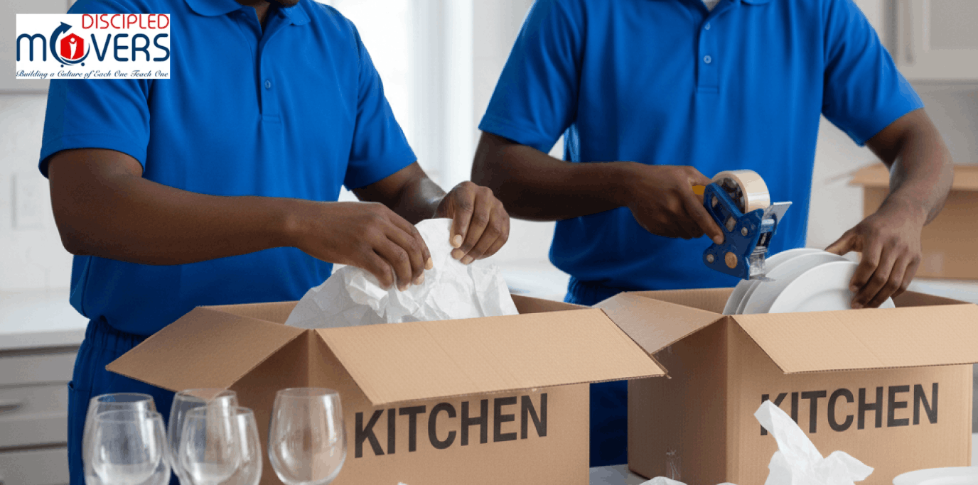 Movers packing dishes into kitchen boxes.