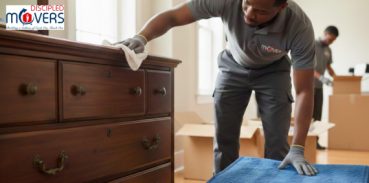 Professional movers packing furniture and moving boxes.