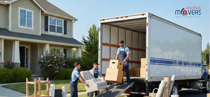 A professional moving truck parked in front of a suburban home with workers loading boxes carefully.