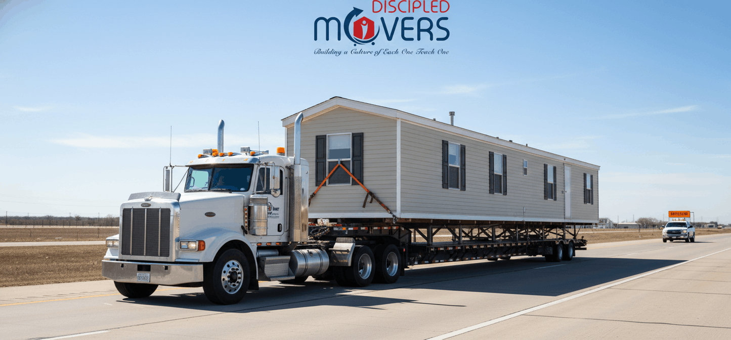 Large truck hauling a mobile home outdoors.