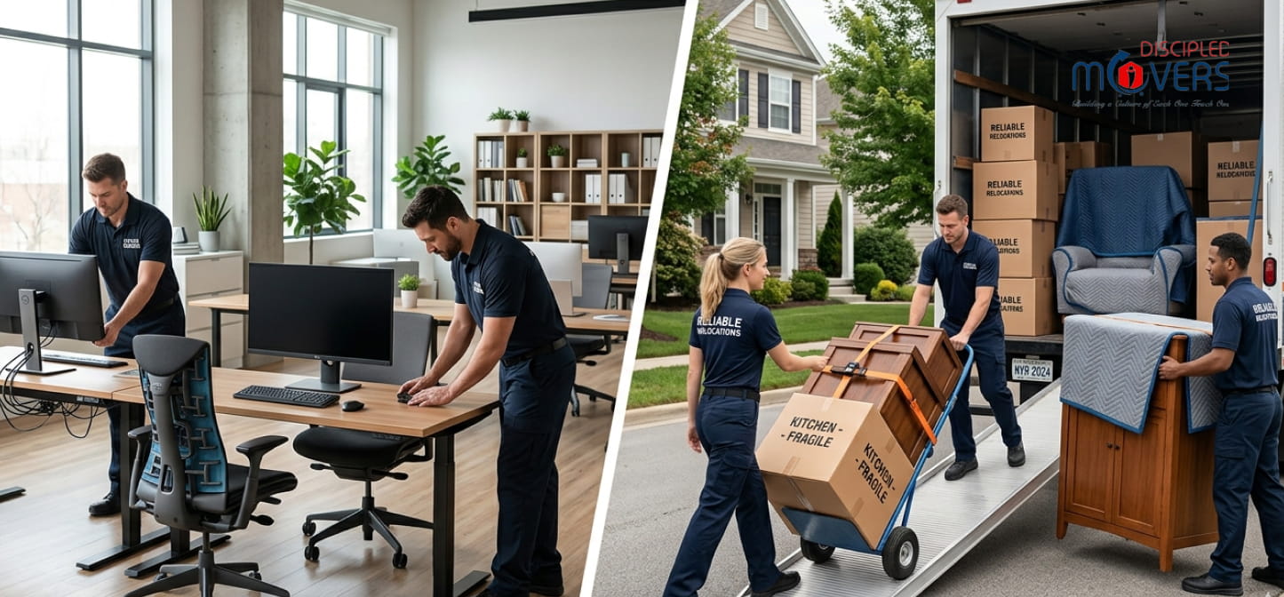 Movers relocating office equipment and home furniture.