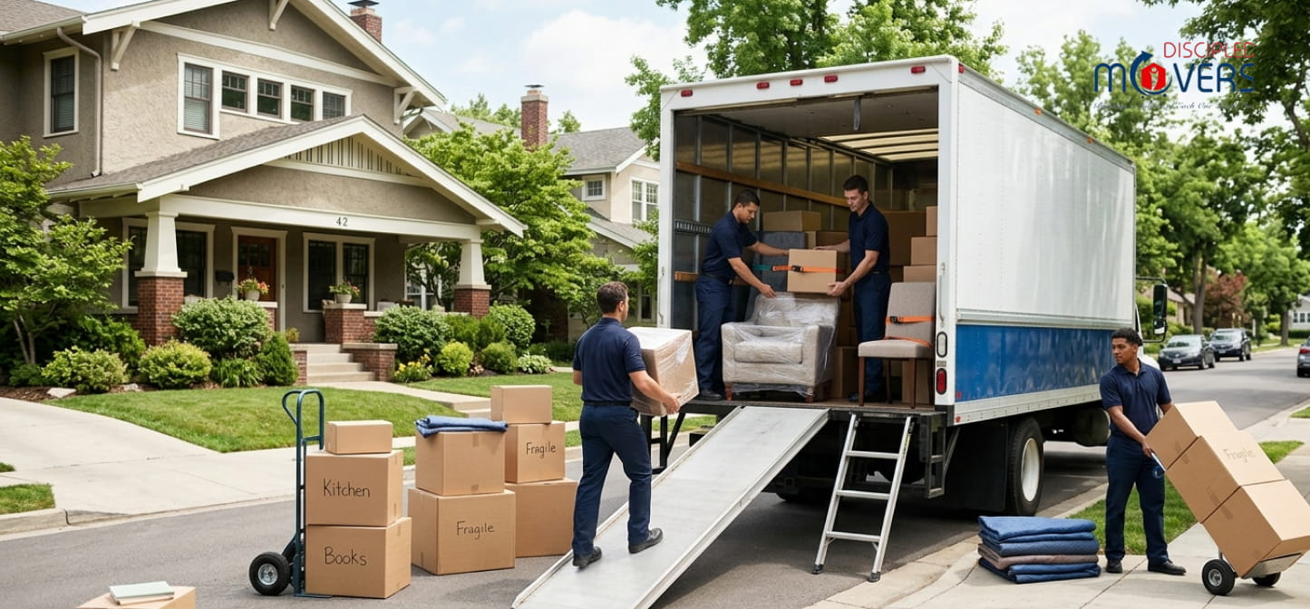 Movers loading boxes and furniture into truck.