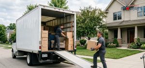 Workers loading a sofa into a moving truck and new asphalt shingle roof installation.