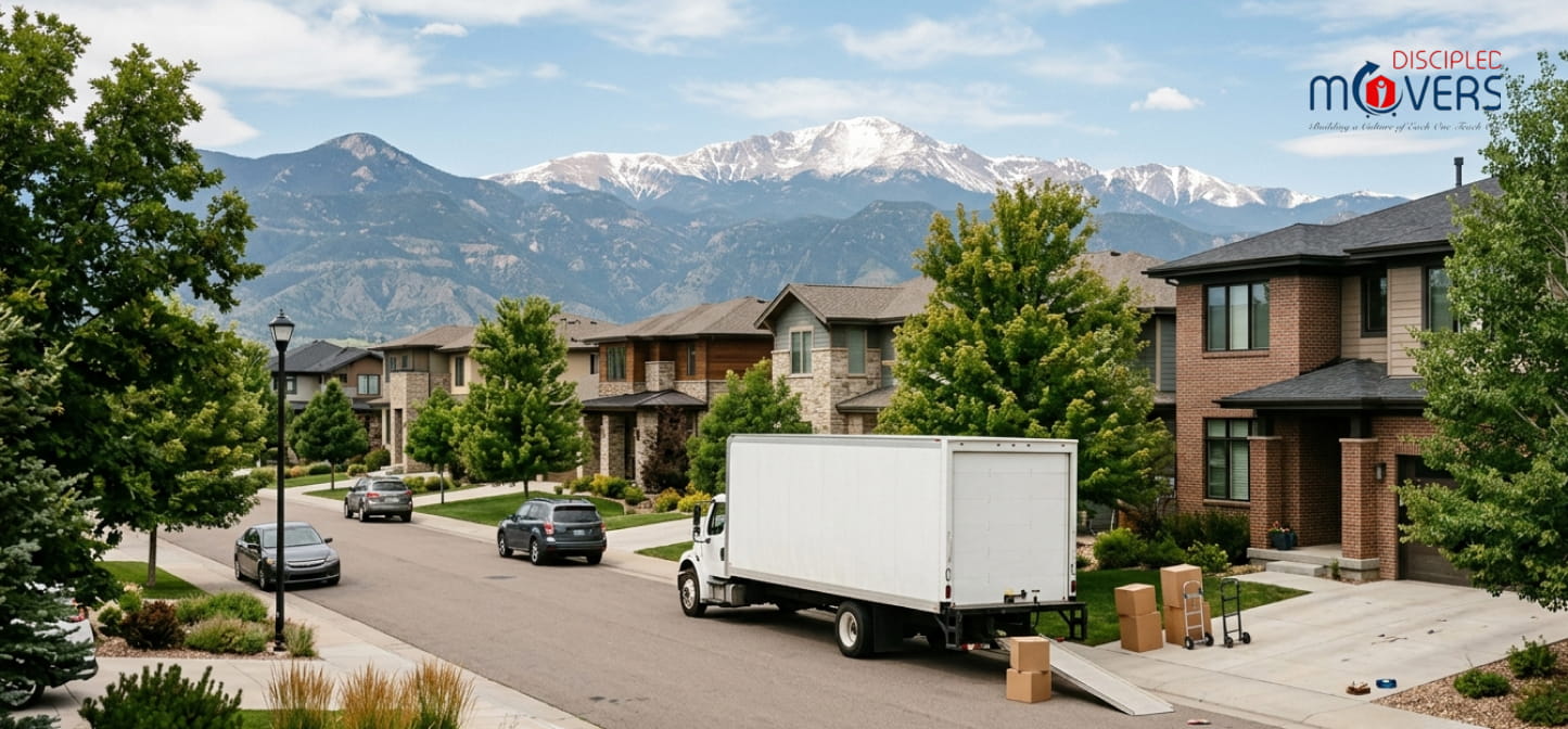 Modern home exterior and professional moving services.
