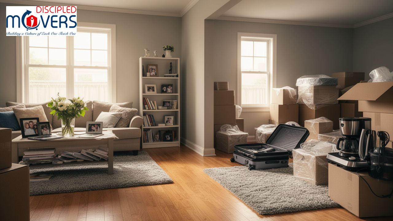 Moving boxes and luggage in a room, preparing for a complete move.