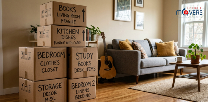 Stack of labeled packing boxes in a living room, handle with care sign