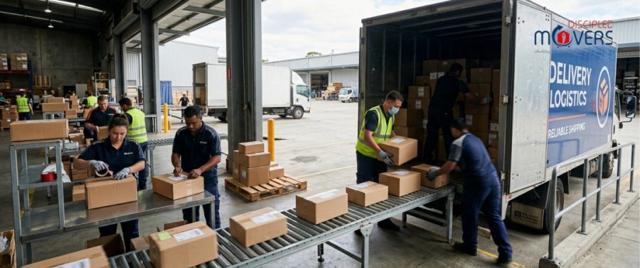Movers loading boxes onto a truck, avoiding common moving mistakes.