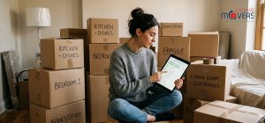 A person checking off items on a digital moving checklist while sitting among packed boxes A person checking off items on a digital moving checklist while sitting among packed boxes