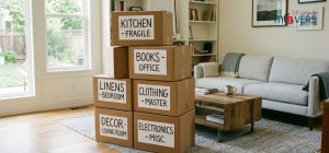 A stack of labeled moving boxes in a tidy living room A stack of labeled moving boxes in a tidy living room