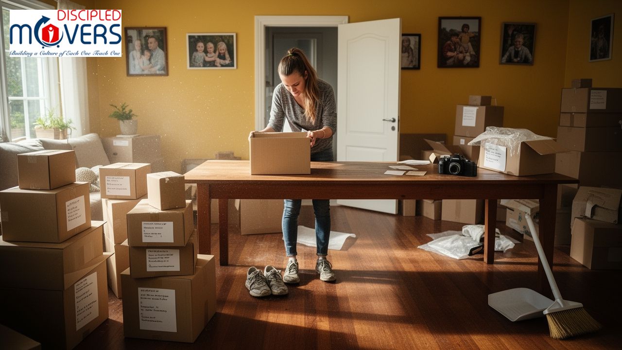 Woman packing boxes for moving, surrounded by furniture and moving supplies
