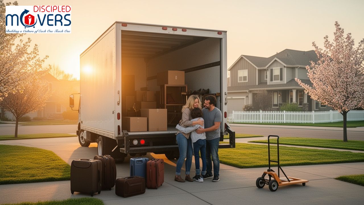 Family hugging by moving truck with packed boxes and luggage on driveway