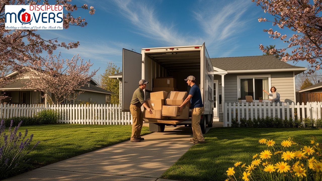 How a Local Moving Company Makes Short-Distance Moves Easier 1 Disciples Movers team loading boxes onto a truck in a suburban setting.