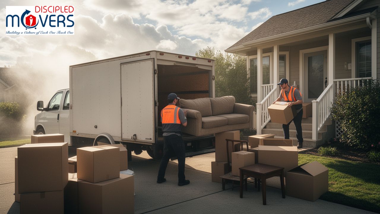 Movers loading a couch into a truck for a residential move, Discipled Movers logo visible.