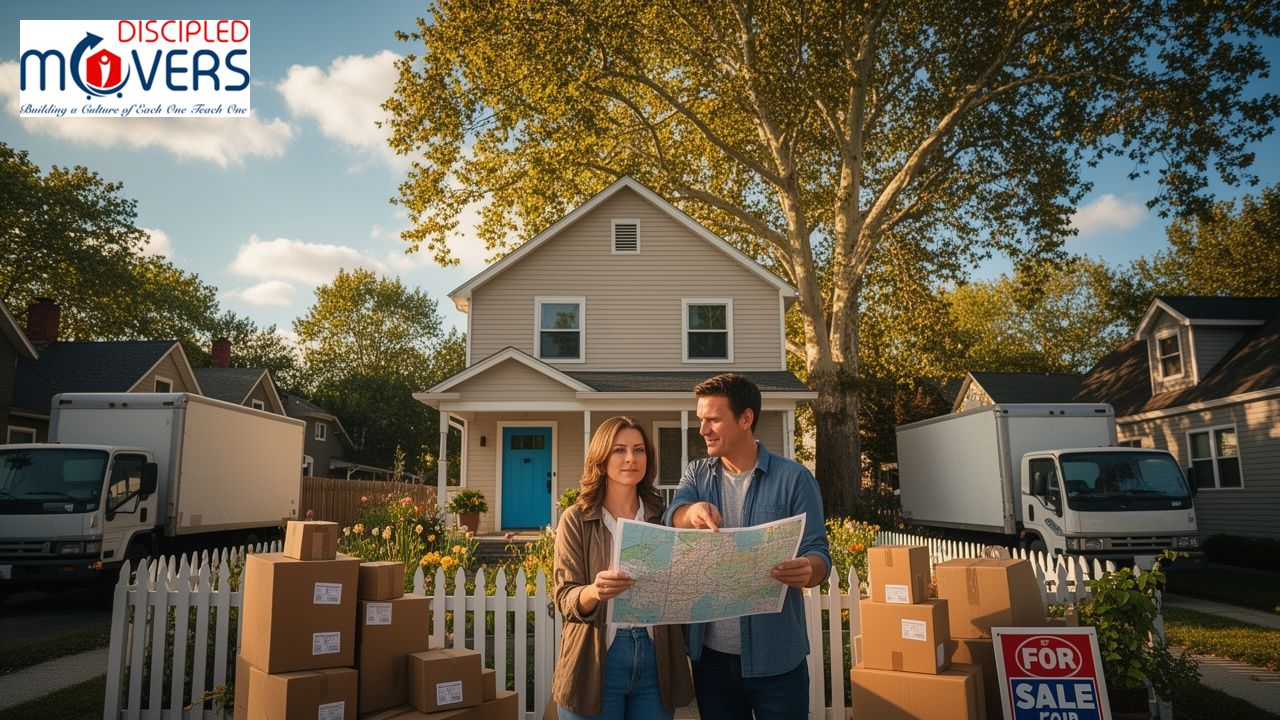 Couple planning move with local movers and boxes outside house