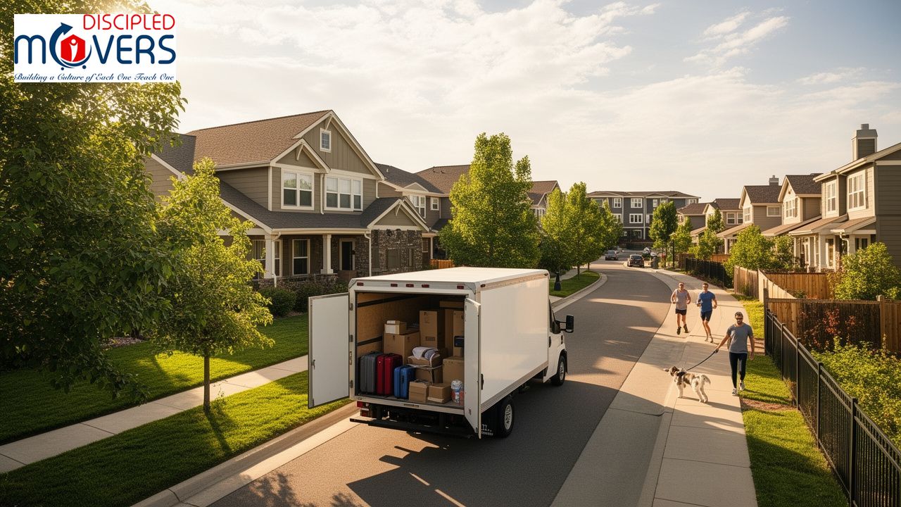 Moving truck being loaded with boxes and luggage outside a suburban home by Discipled Movers.