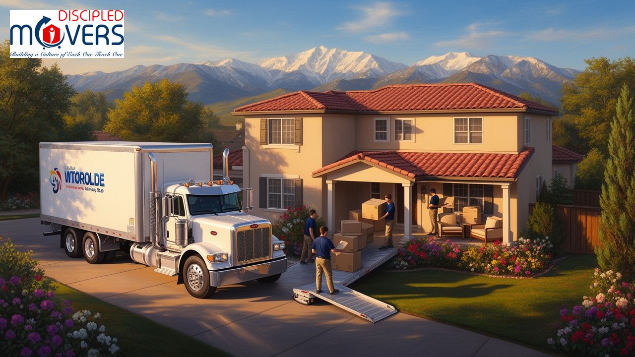 Disciple Movers truck unloading boxes at a suburban home with mountains