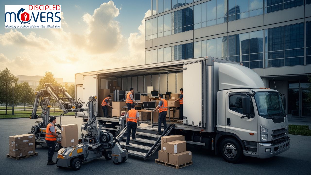 How to Relocate a Business | A Step by Step Guide to Office and Commercial Moving 1 Disciple Movers unload boxes and equipment from a truck with robotic assistance.