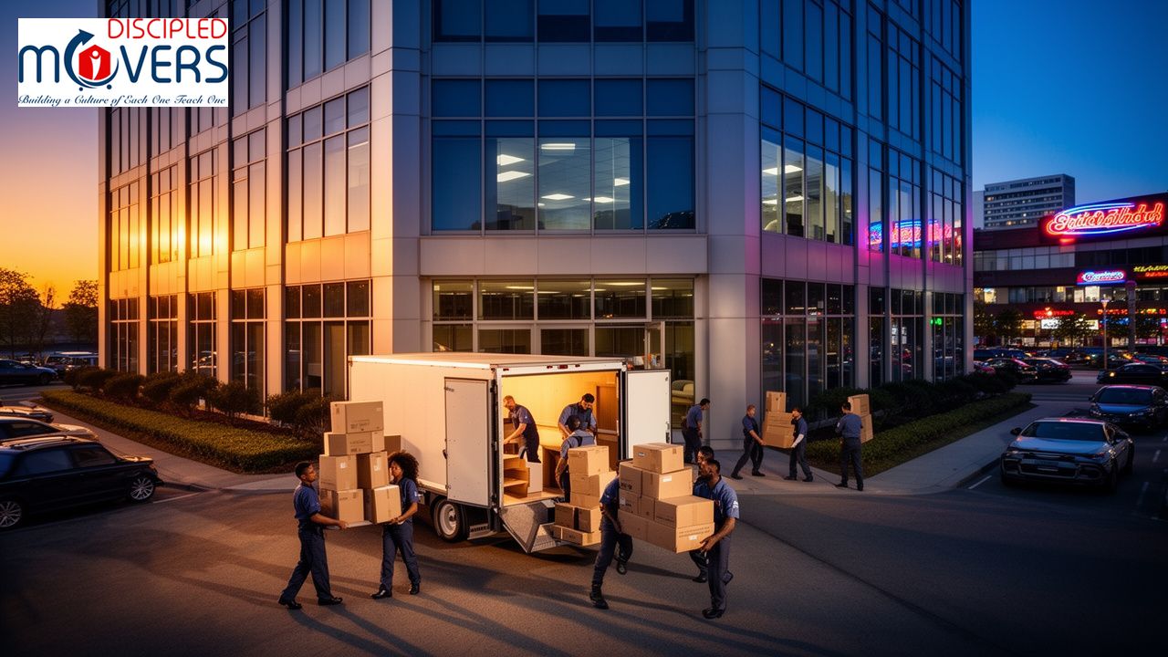 How to Choose a Commercial Moving Company: What Every Business Should Consider 1 Movers loading boxes into a truck outside an office building at sunset.