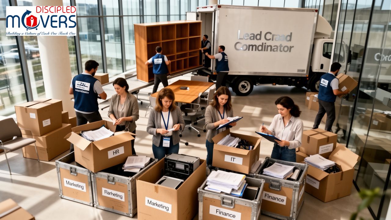 Movers loading boxes and furniture into a truck, with office staff organizing items.