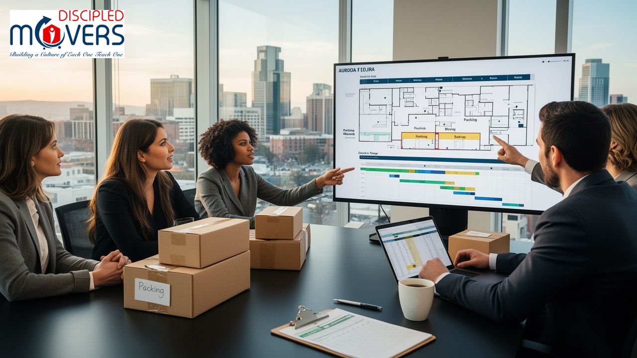 Business meeting with a moving company's plan displayed on a large screen.
