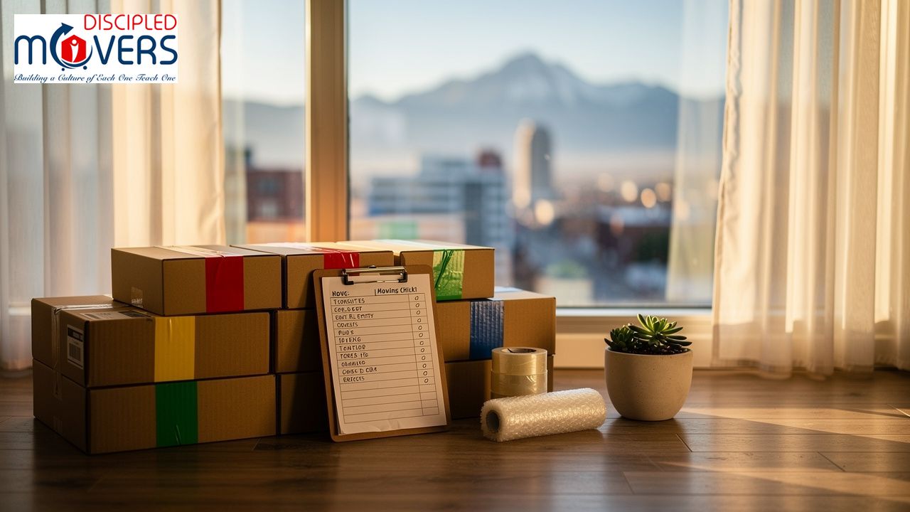 How to Prepare for an Apartment Move in Aurora, CO: A Complete Moving Checklist 1 Disciples Movers boxes and moving supplies by a window with a city view