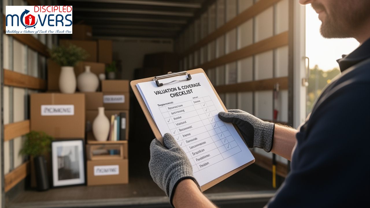 Moving Insurance and Valuation Guide: What Movers Cover, What They Don't 3 Moving company worker with valuation and coverage checklist in front of truck