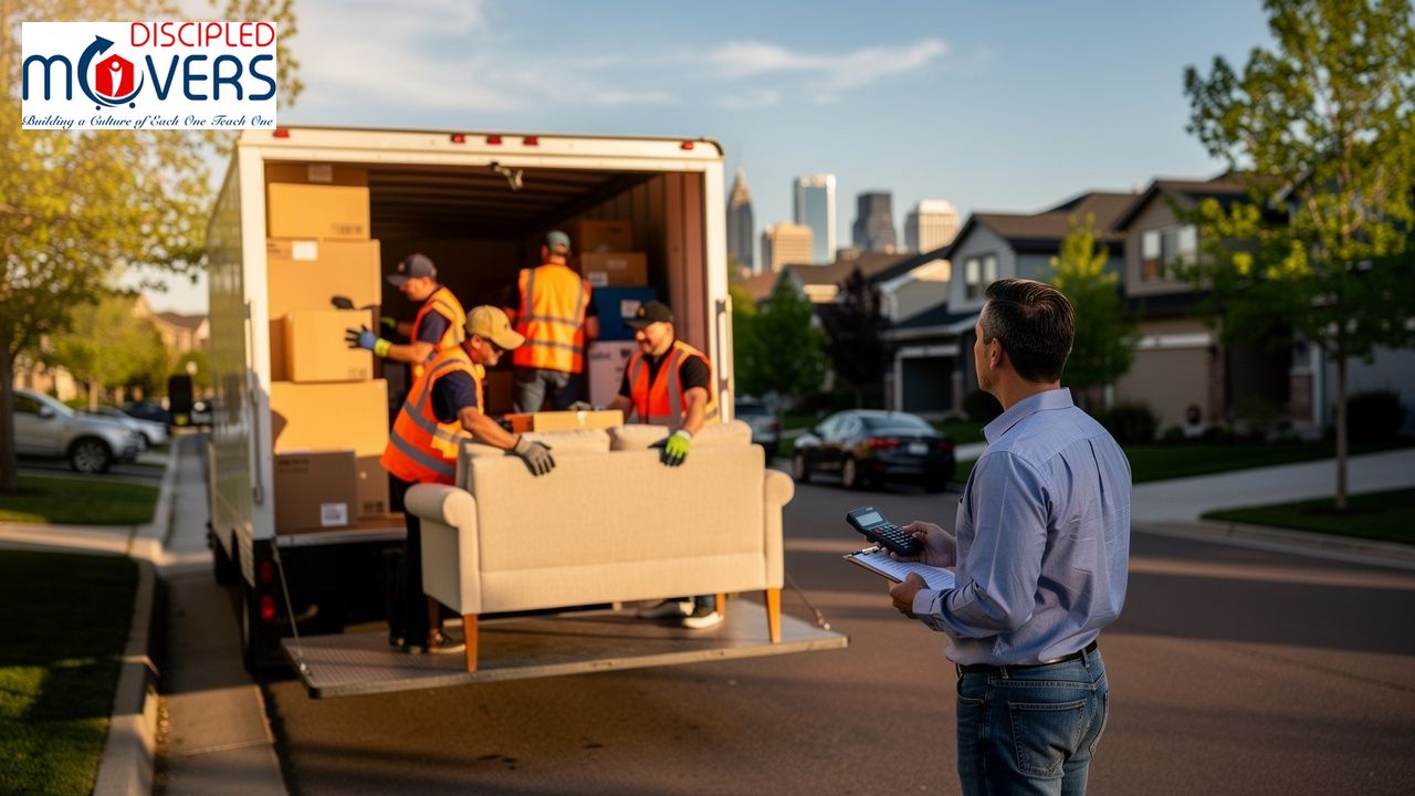 How Much Do Apartment Movers Cost in Aurora, CO? Factors That Affect Pricing 1 Movers loading a couch and boxes onto a truck, with a supervisor checking inventory.