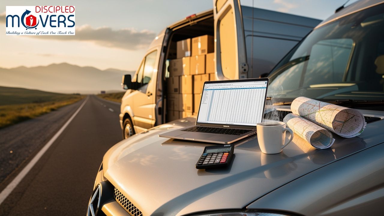 What Is the Average Cost of a Long-Distance Move? 1 Disciples Movers truck loaded with boxes, laptop, calculator, maps, and coffee on a road
