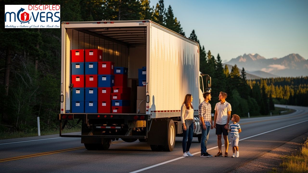 Family standing by a moving truck loaded with boxes, ready for relocation.