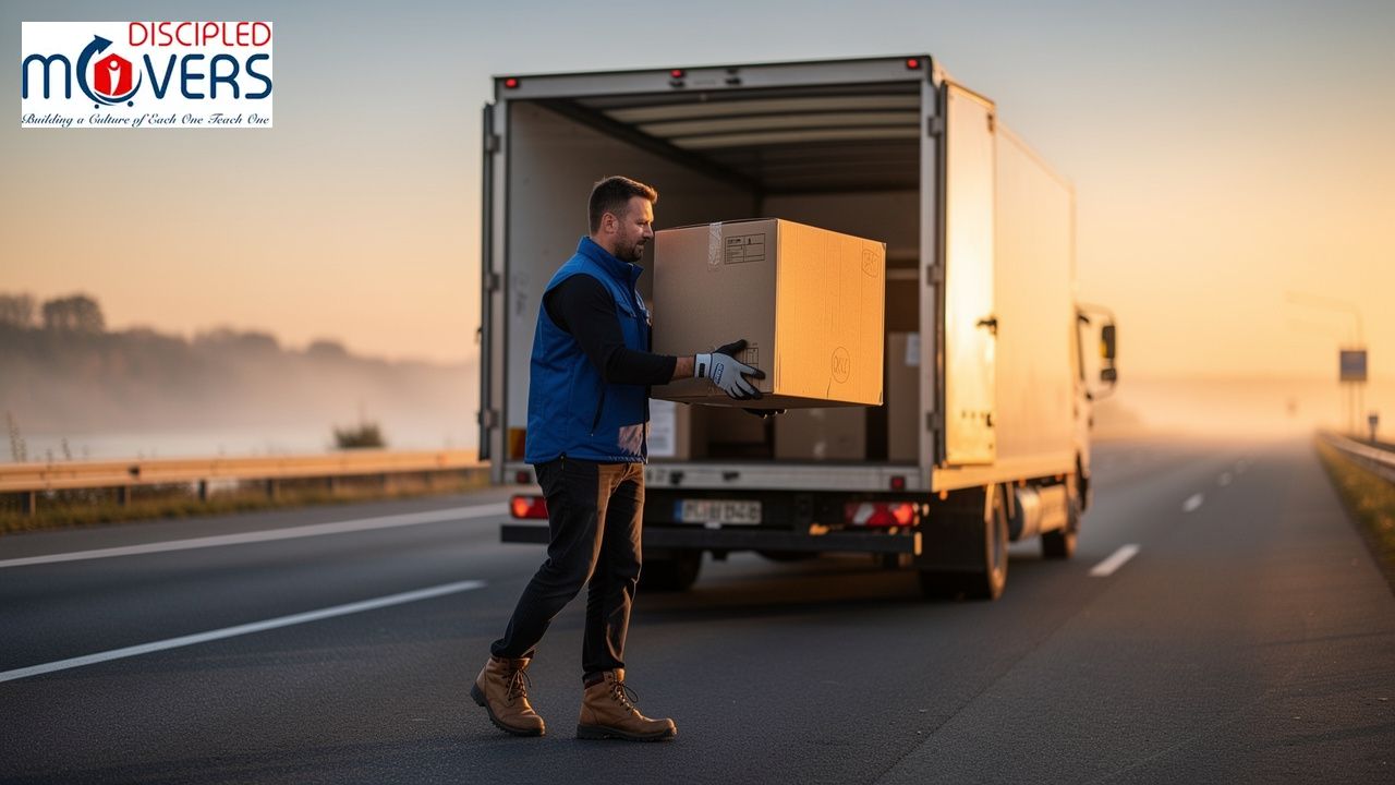 What Happens From Pickup to Delivery on a Long-Distance Move? 1 Man carrying a box from a moving truck at sunrise